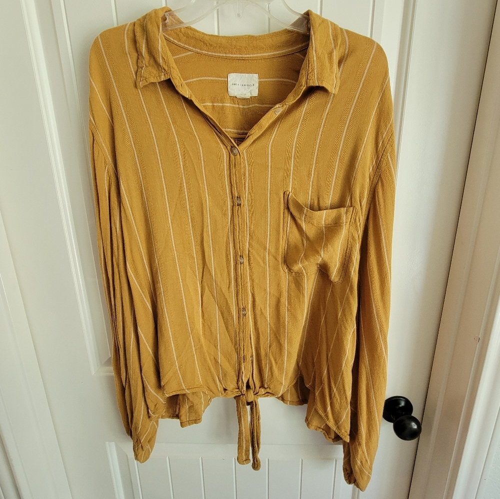 Mustard Yellow White Striped American Eagle Button Down Shirt
